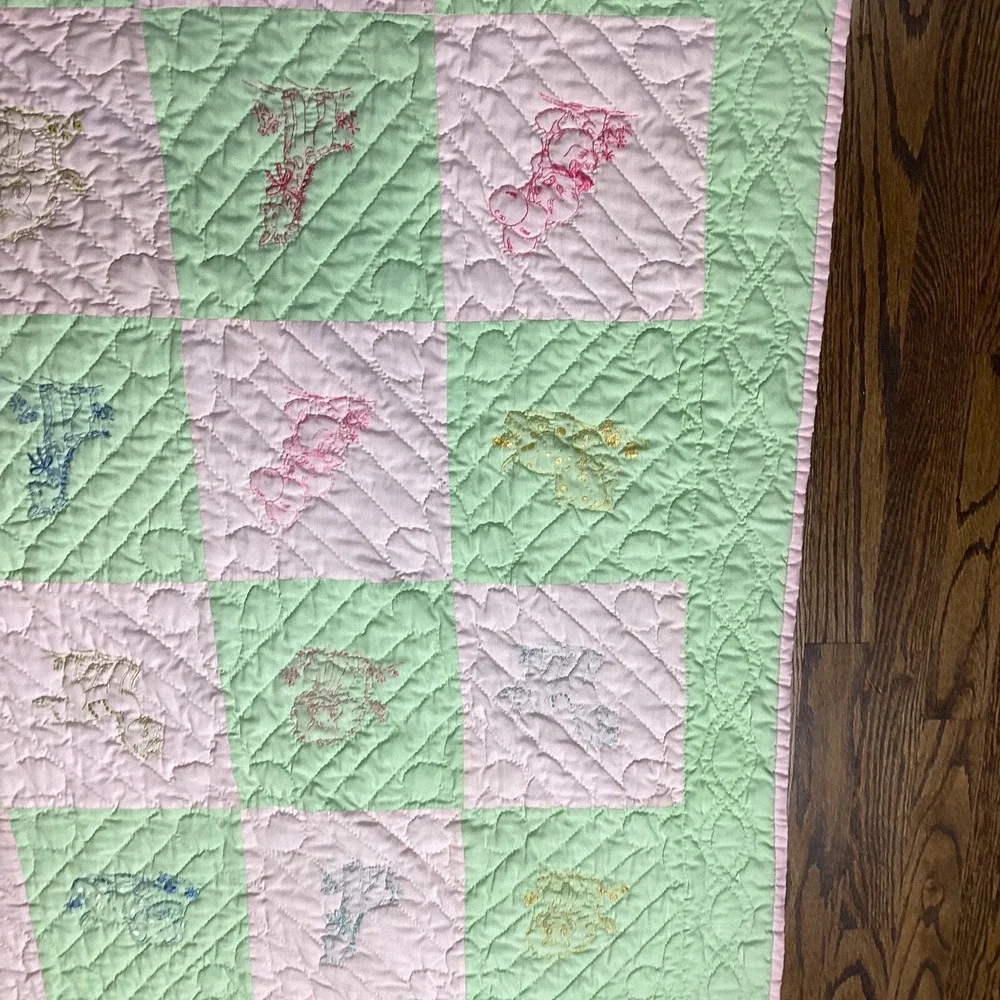 Crib Blanket Hand-Stitched Embroidered Baby Animals Pink&Green Nursery 54
